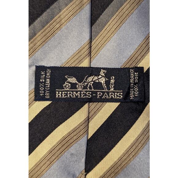 Hermes Paris Vintage 100% Silk Blue Stripe Neck Tie Authentic - Picture 6 of 11